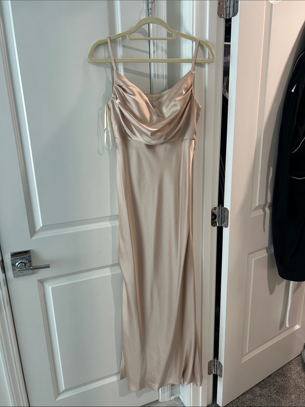 Revelry Satin Cowl-Neck Maxi Dress in Champagne Blush